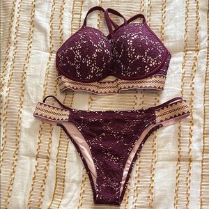 Shade & Shore Burgundy Lace Bikini Set with Cream & Gold Trim